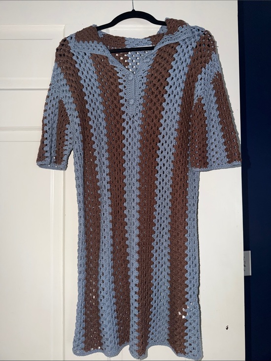 Zara Dresses & Skirts - Zara Crocheted V-Neck Tunic Sweater Dress in Light Blue and Brown